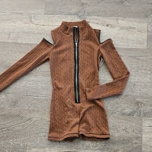 Brown Long Sleeve Zip-Up Romper
